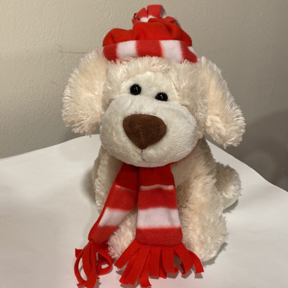 GITZY Valentines Day Plush White Toy Dog Puppy Red Beanie Scarf Brown Nose